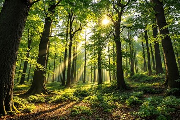 Obraz premium Dense green forest with sunlight streaming through leaves, illuminating the ground. Natural and serene atmosphere on a sunny day. Ai generative