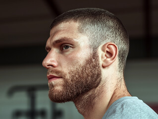 Obraz premium Side profile of a man with a beard in a gym, under soft natural lighting, evoking focus and determination 