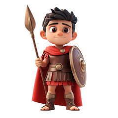 A cartoon character dressed as a Roman soldier, holding a spear and shield, exuding bravery.