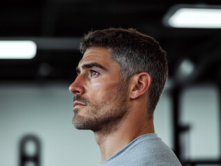 Side profile of a man with gray hair in a modern gym, looking focused under bright industrial lights
