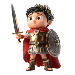 A cartoon character dressed as a Roman soldier, holding a sword and shield.