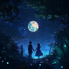 Obraz premium anime love couple under moonlight holding hands with sparkling stars