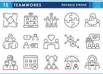 A set of line icons related to Teamwork. Collaboration, online meeting, puzzle, meeting, love, mutual, structure, help, solve, respect, and so on. Vector editable stroke.