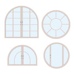 Houses and apartments windows types. Exterior and interior design, home renovation architecture .Set of wooden or plastic frames. Arched and semicircle