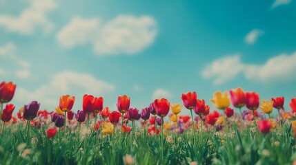 Fototapeta premium Vibrant Field of Tulips Under a Cloud-Kissed Sky