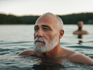 Elderly man with a beard swimming in a serene lake, captured at golden hour with a tranquil expression
