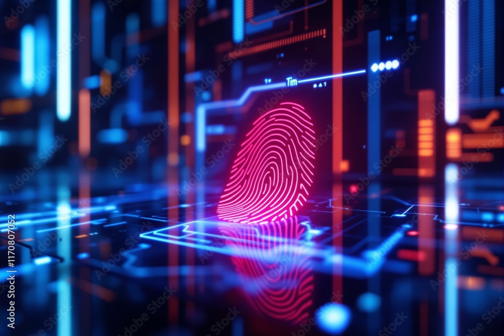 Poster neon fingerprint glowing on a futuristic digital interface, surrounded by blue and red elements on a