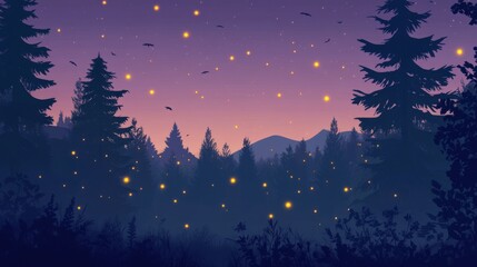 Naklejka premium Enchanted Forest at Dusk with Glowing Fireflies