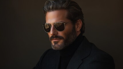 Fototapeta premium Close-up of a man wearing sunglasses and a turtleneck, serious expression, dark background, fashion, portrait.