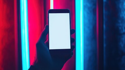 Close up Young man's hand holding mobile phone with empty screen against neon purple blue background,Male hand with smartphone. Blank white screen. Mock-up Red and blue neon light in dark black room.