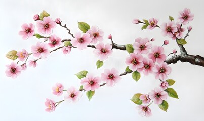 Obraz premium Pink cherry blossom branch on white background.
