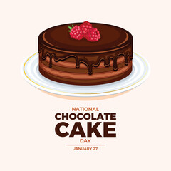 National Chocolate Cake Day poster vector illustration. Whole round chocolate cake with raspberries icon vector. Template for background, banner, card, poster. January 27. Important day