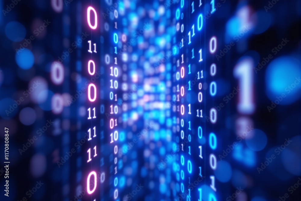 Poster glowing binary code in vibrant neon hues of blue and pink, shown in a blurred, dynamic perspective. 