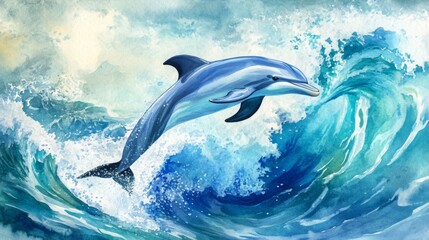 Naklejka premium Majestic Dolphin Leaping Through Azure Waves: Watercolor Masterpiece