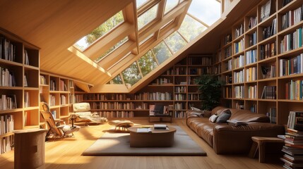 Modern library or bookstore interior with Learning and coworking space,relax zone,Library with rows of bookshelves arranged,school,university,shared desk and chairs,panoramic window.