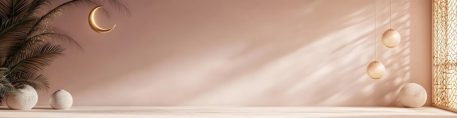 Minimalist interior design with golden crescent moon and lamps