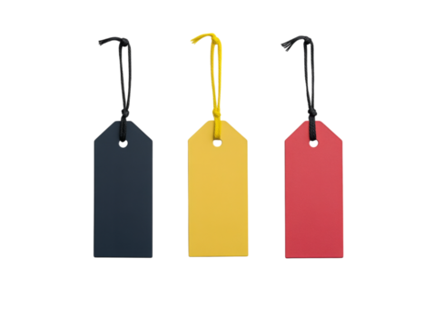 Colorful Blank Price Tags Hanging on Strings Isolated on White Background for Retail and Marketing Concepts