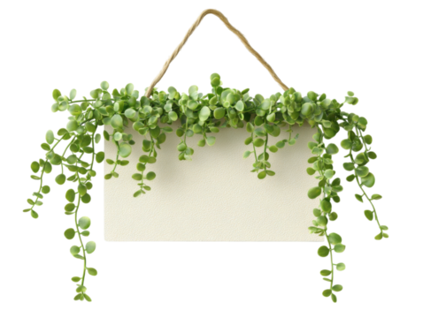 Blank Hanging Sign with Greenery Border for Custom Text or Logo in Natural Setting