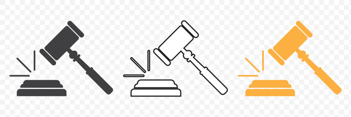 Obraz premium Judge gavel or auction hammer icon. Black icon isolated on white background. Judge hammer silhouette. Simple icon. Web site page and mobile app design vector element. eps 10.
