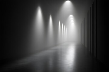 Dark hallway with spotlights and fog.