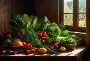 vibrant arrangement leafy greens colorful vegetables showcasing fresh produce organic ingredients, asparagus, arugula, beet, broccoli, cabbage, carrot