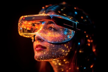 Woman wearing VR headset, illuminated by colorful lights.