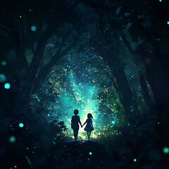 anime love couple holding hands walking through magical forest