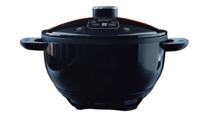 A modern electric pressure cooker with a sleek black design sits on a kitchen countertop, highlighting innovative cooking technology for everyday use.