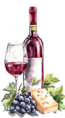 Watercolor illustration set with Two glasses with red wine,different type of cheese,cheese Board,wooden cut board, bread,olives on an isolated white background.