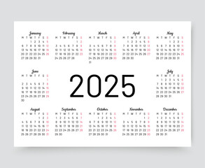 Calendar 2025 year. Calender template. Week starts Monday. Pocket organizer grid with 12 month in English. Yearly scheduler layout in minimal design. Vector illustration. Landscape orientation, A4.