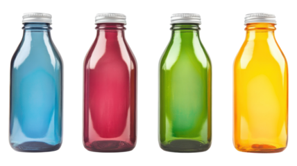 Colorful glass bottles in various shapes displayed against a transparent background for creative design purposes.