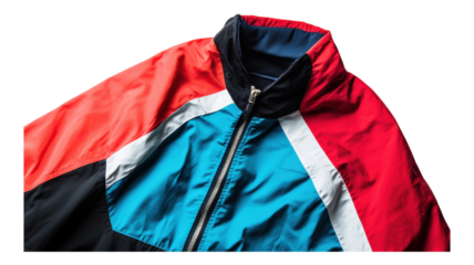 A colorful windbreaker featuring red, blue, and black colors, presented against a transparent background for display or sale purposes.