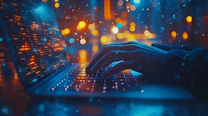 Hands Typing Code on Laptop at Night