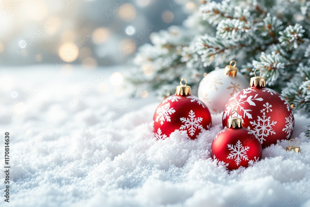 Aufkleber red and white christmas ornaments with snowflake patterns rest on fresh snow, with snow-covered tree
