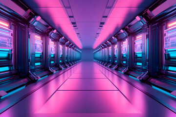 Fototapeta premium Futuristic neon-lit corridor, vibrant pink and blue hues, long perspective, digital art, sci-fi architecture, technology, sleek design, empty hallway.