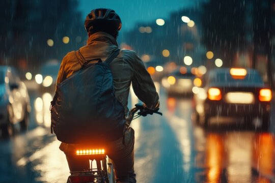 A worker on a bicycle riding through rainy night traffic, illuminated by car headlights and streetlights.