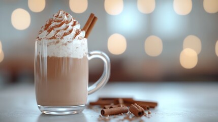Warm, creamy, spiced hot chocolate in a clear mug, topped with whipped cream and cinnamon.