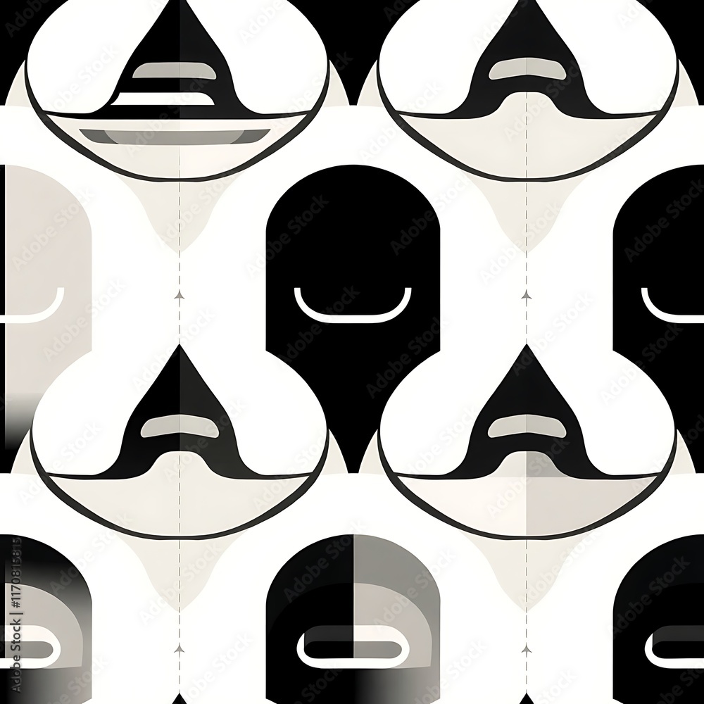 Poster abstract geometric pattern: a seamless black and white pattern of stylized faces with a hint of grey