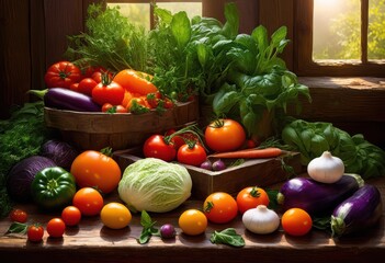 vivid still life composition featuring textured wood elements colorful fresh ingredients stunning visual display, vibrant, fruits, vegetables, colors, art