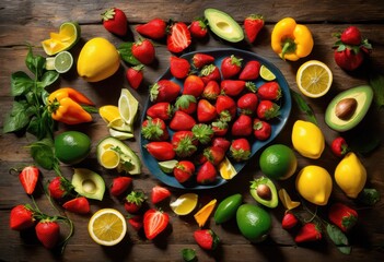 vibrant flat lay colorful food artfully arranged fresh vegetables creating colorful culinary display, arrangement, aesthetic, artisan, background