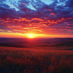Fototapeta premium Vibrant sunrise over a vast field.