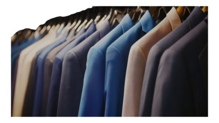 Display of neatly arranged suits in various shades of blue hanging on hangers in a clothing store during daytime.