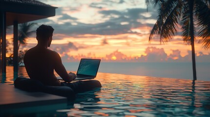 Young Man Sitting Poolside by the Swimming Pool with Laptop