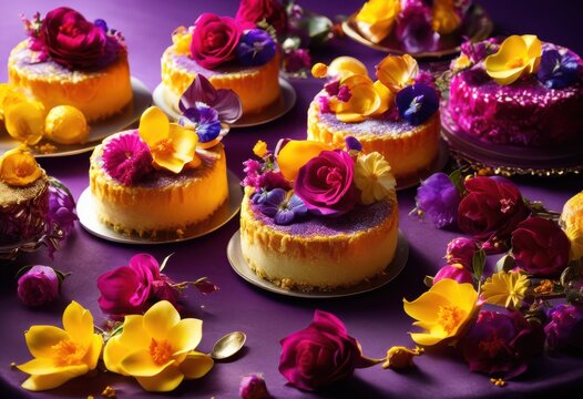 vibrant close capture colorful gourmet desserts displaying artistic pastry creations lush colors intricate details, cake, cupcake, cream, icing, vanilla