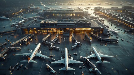 Aerial view of a busy airport with multiple aircraft and terminals.
