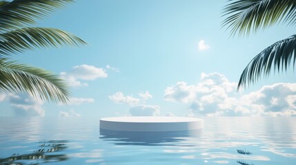 3d background product display podium scene with leaf geometric platform,cloud and sky, palm shadows and white stone podium,Mockup for eco beauty cosmetic advertising,Copy space.