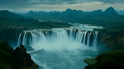 Fototapeta premium Majestic Detian Falls cascading down, surrounded by lush greenery and dramatic mountains under a brooding sky. A breathtaking natural landscape in Southeast Asia.