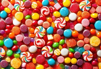 Fototapeta premium vibrant colorful candy arrangement creating fun playful display clean white background, sweet, dessert, treat, purple, red, orange, yellow, green, blue