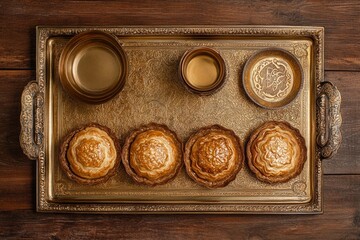 Fototapeta premium Golden tray with shekerbura and pakhlava for Novruz, Azerbaijan traditional pastry for spring equinox and Persian Nowruz, Navruz new year celebration on brown wooden background 