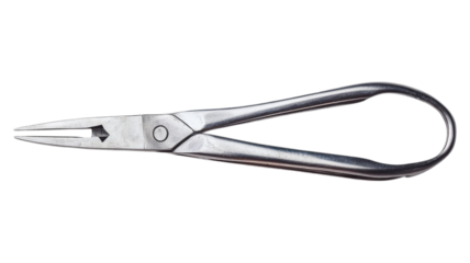 Stainless steel pliers with pointed tips lying on a transparent background showcasing sharpness and precision for various DIY tasks.